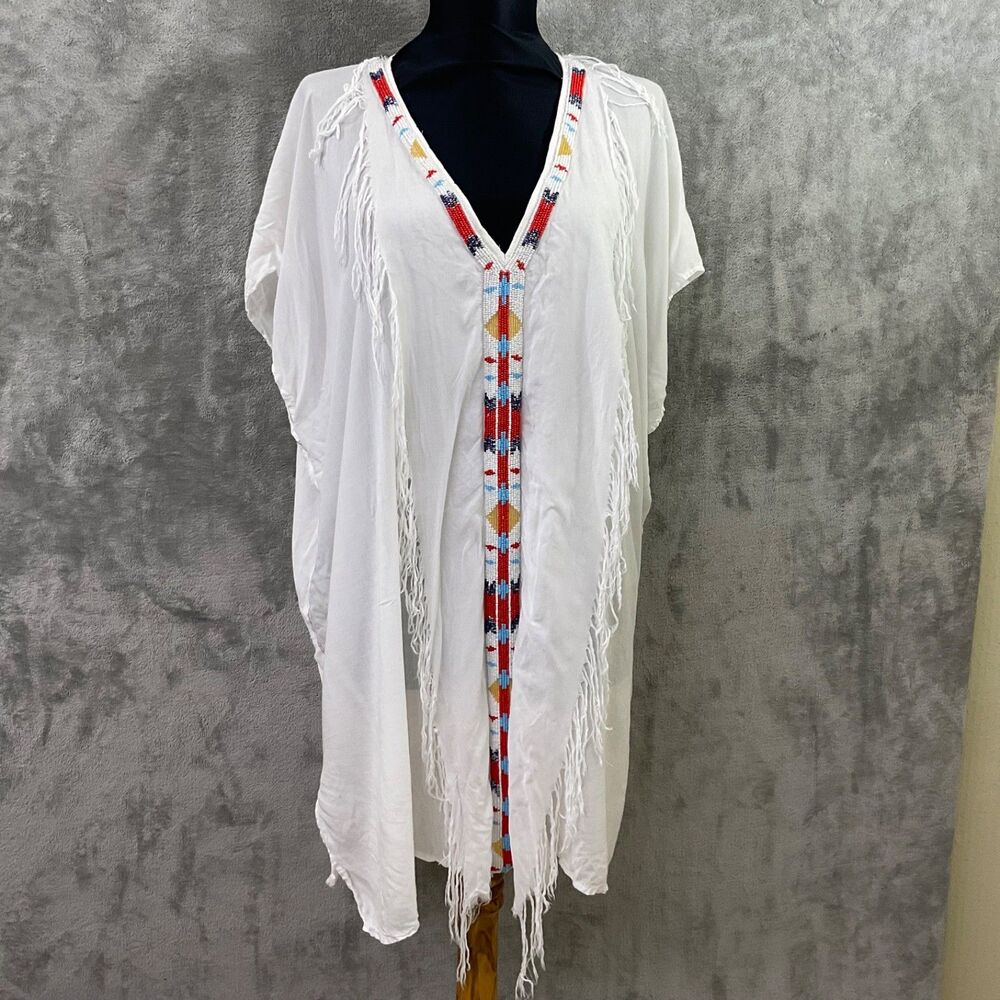 Z&L Europe tunic top cover women’s S white beaded Fringe Boho Hippie SW inspired